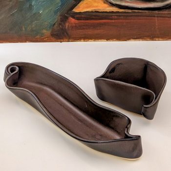 Hilborn signed vintage Asparagus and snack dish - clay pottery. Brown color and swirly design.